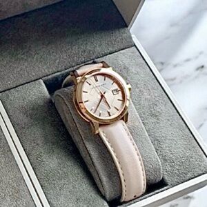 Authentic Burberry Rose Gold Haymarket watch women’s beige leather strap in Box